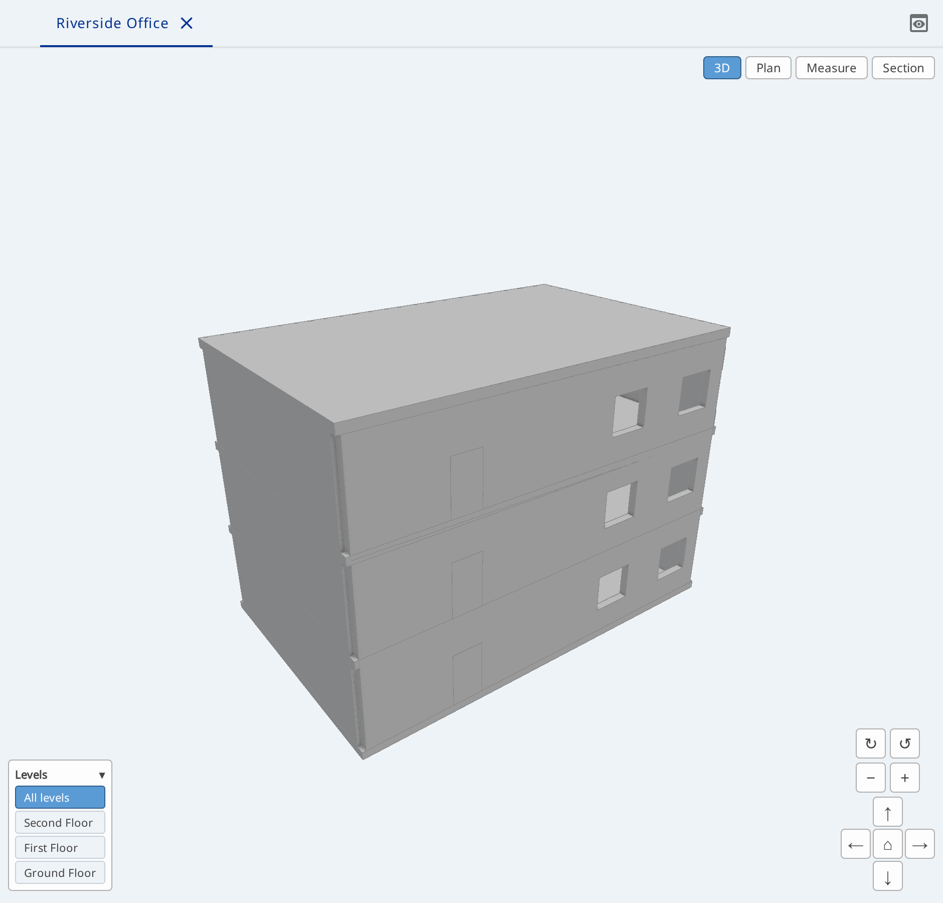 A building drawn in three dimensions in BimView, with the storey list and the mode switches